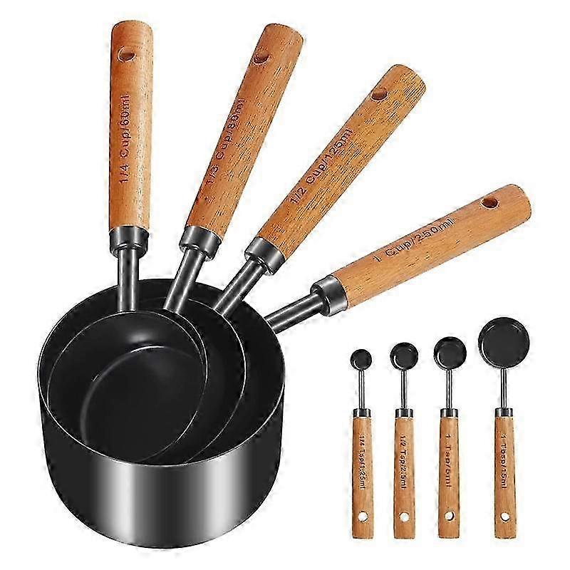 Measuring Cups and Spoons , Wood Handle with Metric and US Measurements, Dry & Liquid Measuring Cup