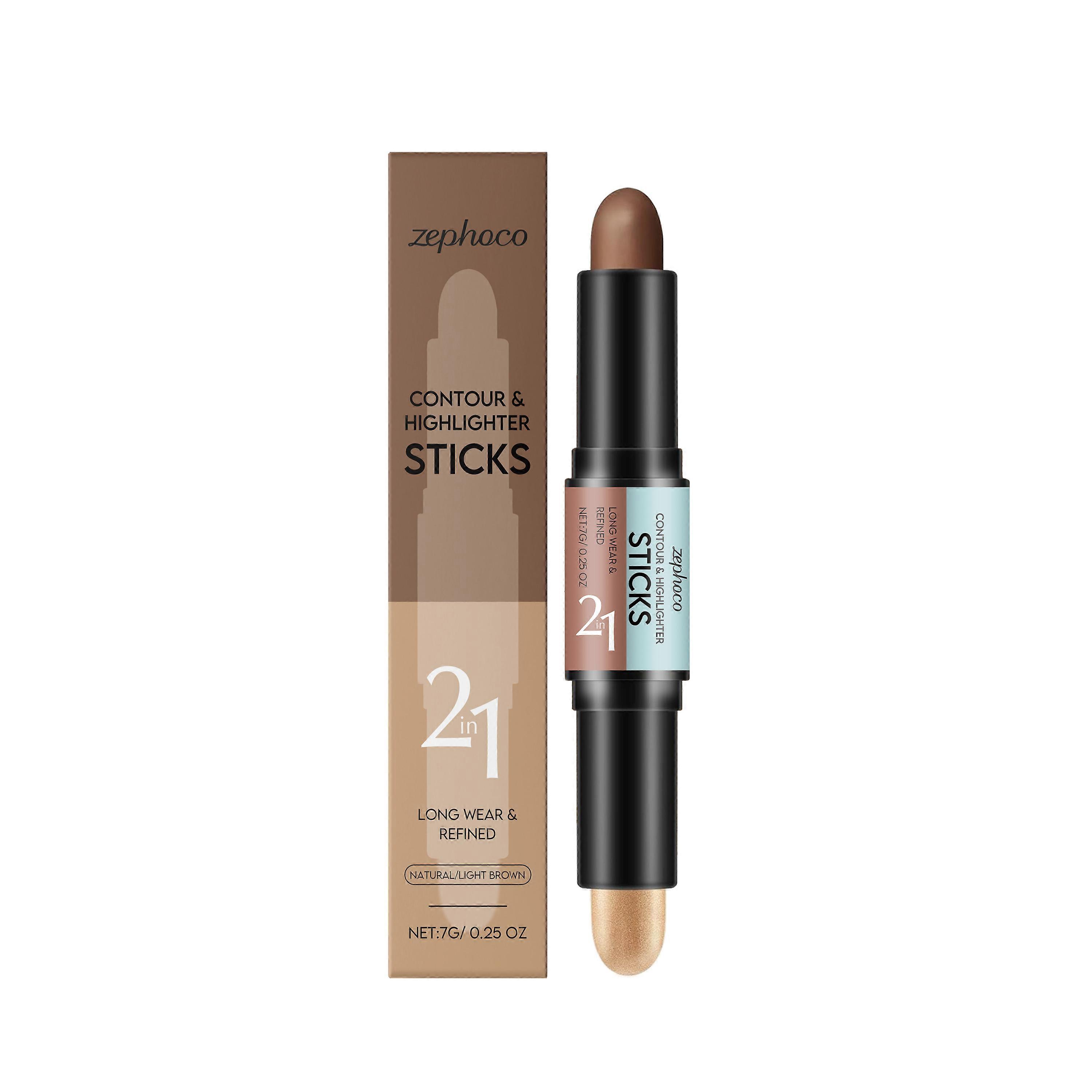 2pcs zephoco Natural Color + Light Coffee Color 2-In-1 Contour And Highlight Stick Convenient Double-Head Design For Contouring The Highlight Stick