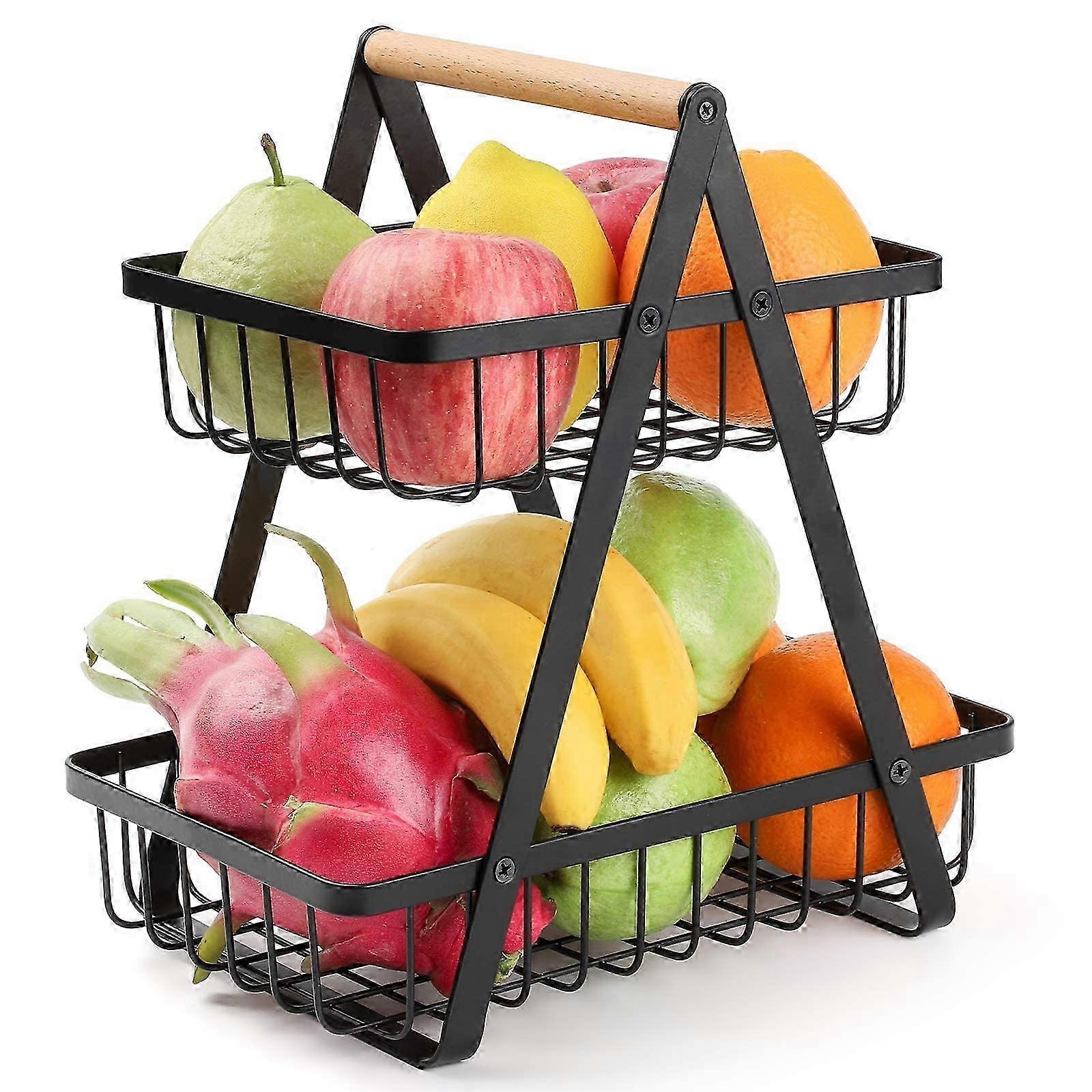 Scaffale per frutta e verdura a 2 livelli, supporto staccabile per uso in cucina, adatto per vari tipi di frutta, pane e snack (nero)