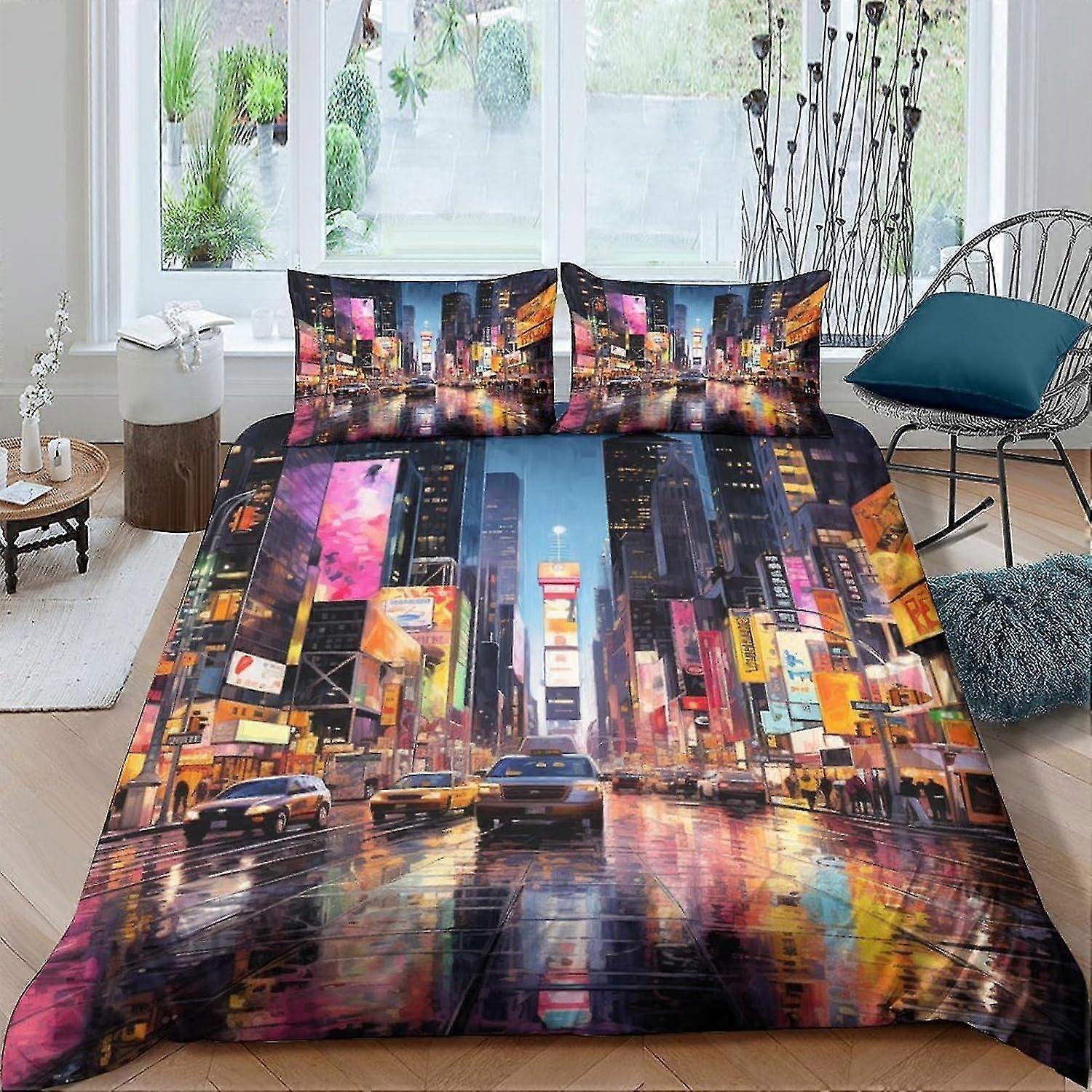 City Night Scene Påslakan Set 3D Sängkläder Set Dekorativt Mikrofiber Polyester Täcke Överdrag med Pillow Shams, Dragkedja, 3 Delat Set
