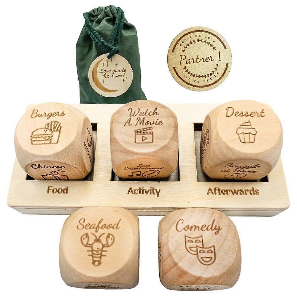Dice Set with Wooden Stand, Food and Activity Cubes, Storage Bag
