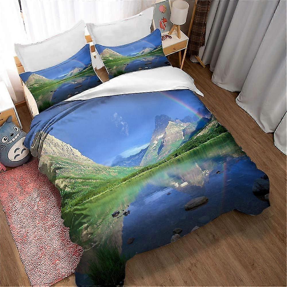 Conjunto de capa de edredom duplo Conjunto de cama de microfibra arco-íris Capa de colcha respirável com fecho de zíper e 2 fronhas