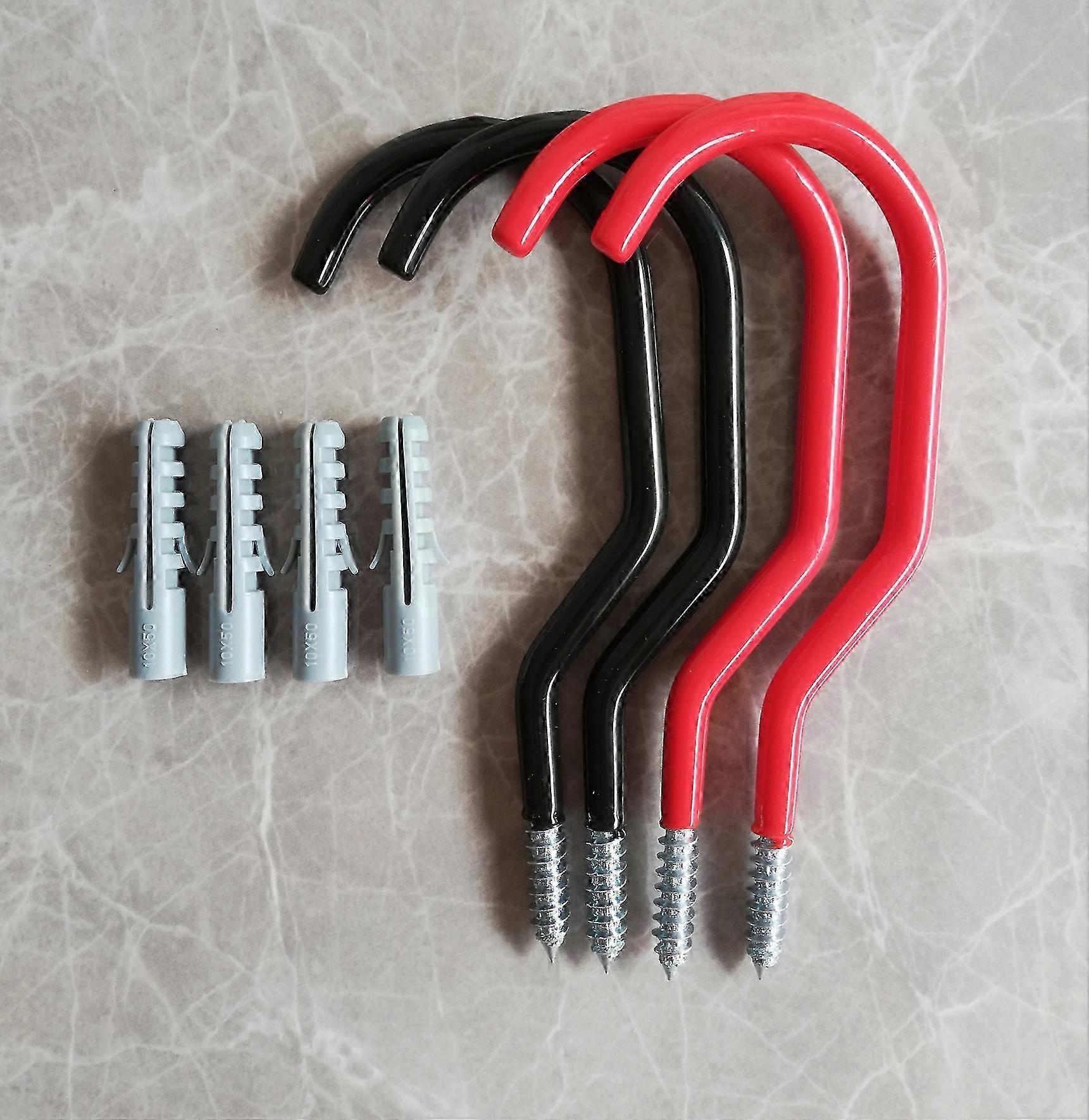Bicycle Hooks, 4 (Black or Red) Heavy Duty Hooks for Bike Storage, Garage Storage Hooks, Plastic Coated Garden Hooks for Wall/Dish Hanging