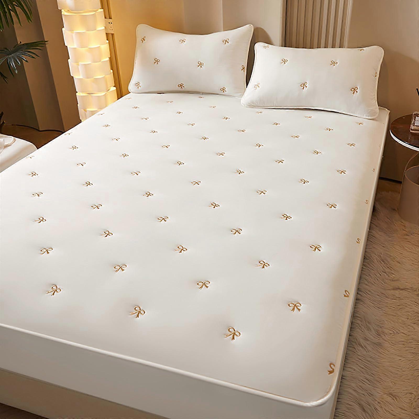 Soy fiber fitted sheet, soft stretch fitted sheet, thickened mattress cover, quilted bed cover for bedroom (200.2 x 220.2 cm, white bow)