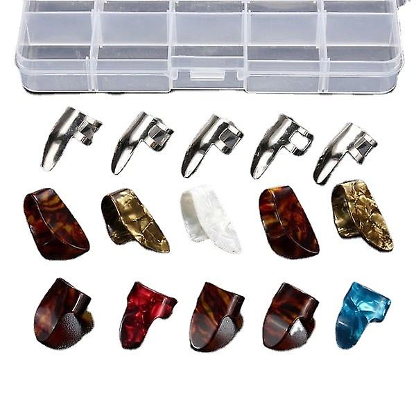 15Pcs multicolore en acier inoxydable celluloïd pouce pouce doigts guitares médiators avec étui