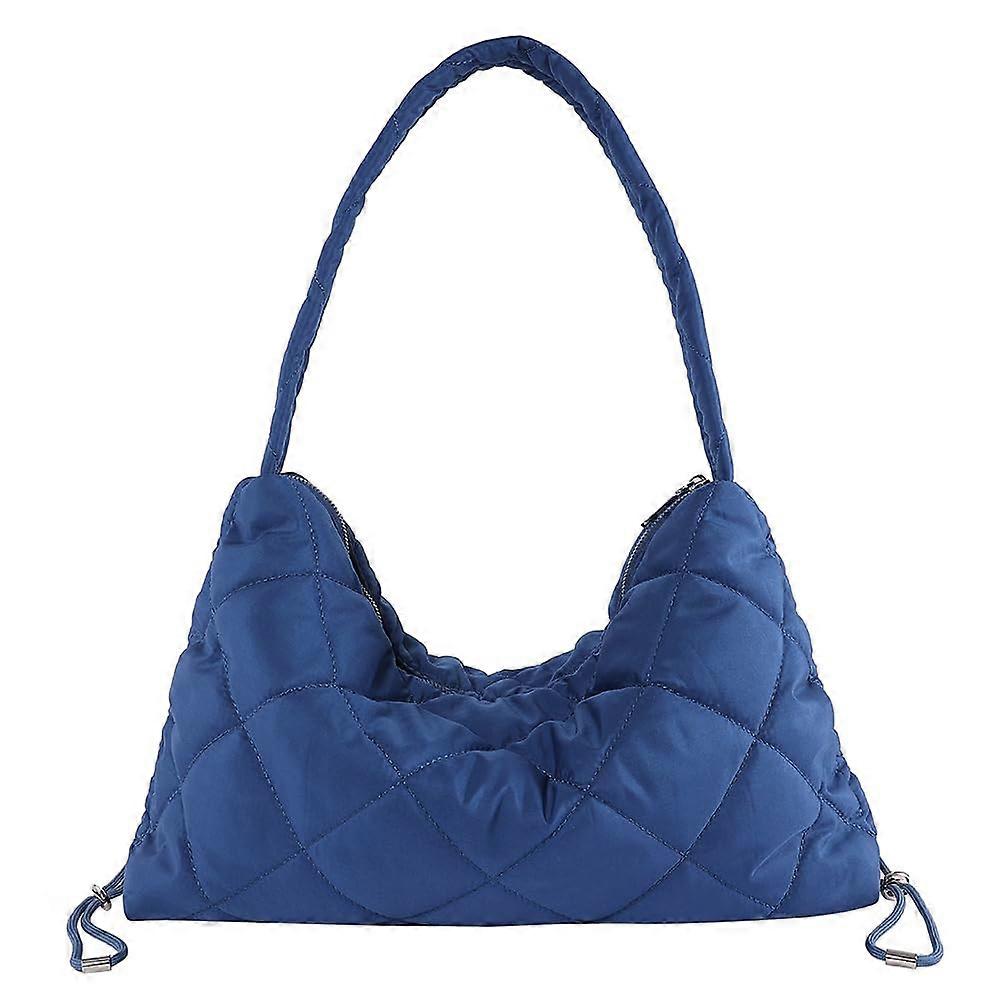 Women's Large Capacity Shoulder Bag, Stylish Quilted Lattice Purse, Yoga Bag with Strap, Retro Drawstring Bag, Blue