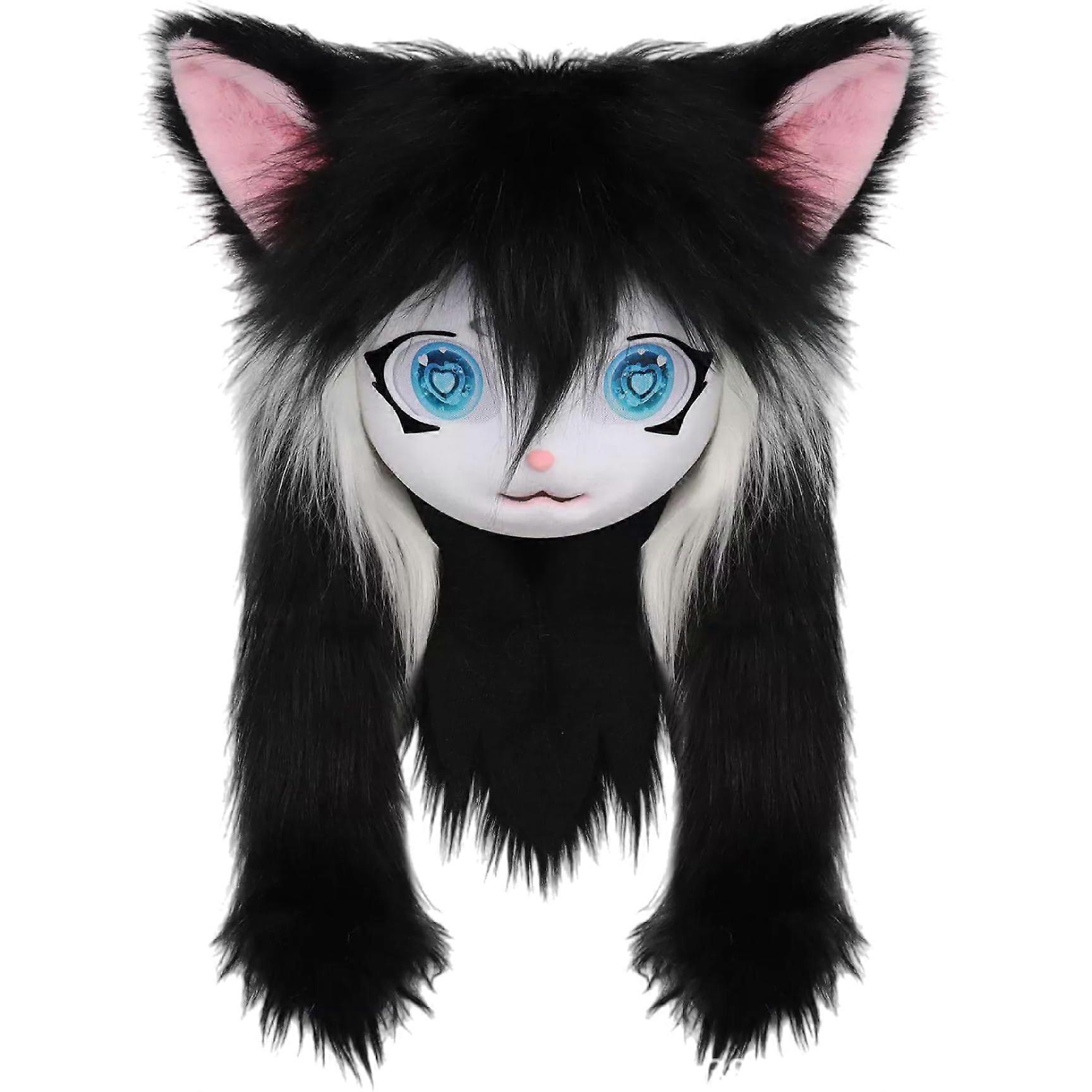 Furry Head Mask with Large Eyes, Ears and Long Hair, Black