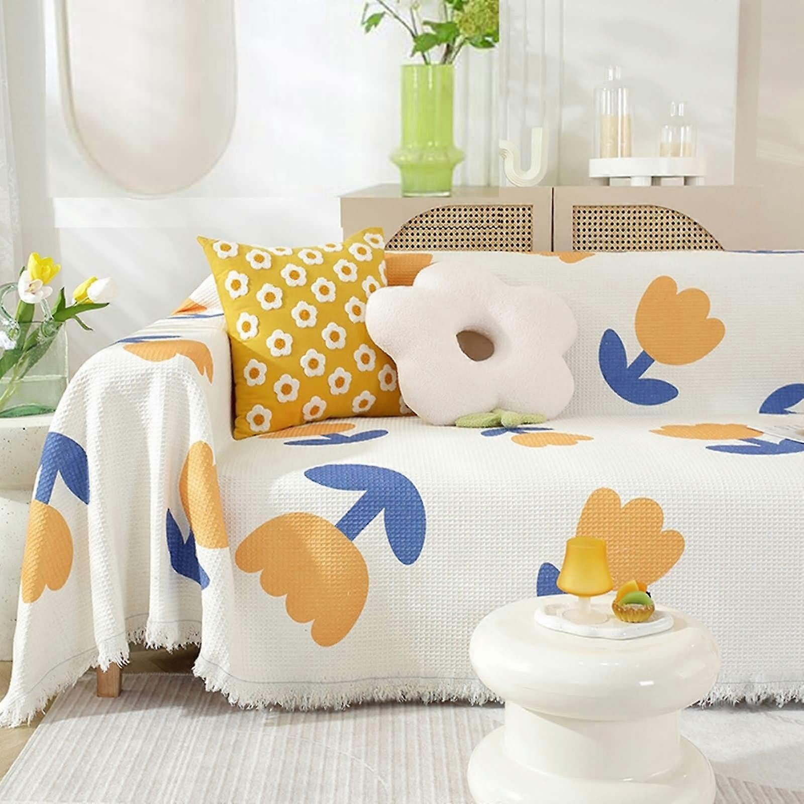 Sofa Blanket Yellow Polyester Floral Pattern 180x180 cm For One Seater Sofa