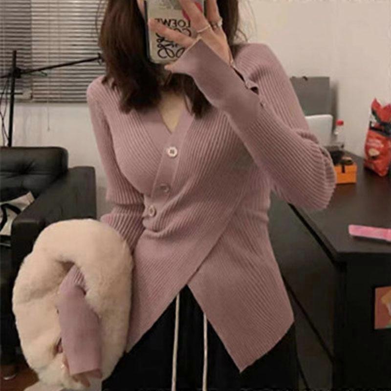 Spring and Autumn Women's Sweater Bottom Sweater Casual Unique Inner Cross V-Neck Pit Stripe Bottom Knit Sweater