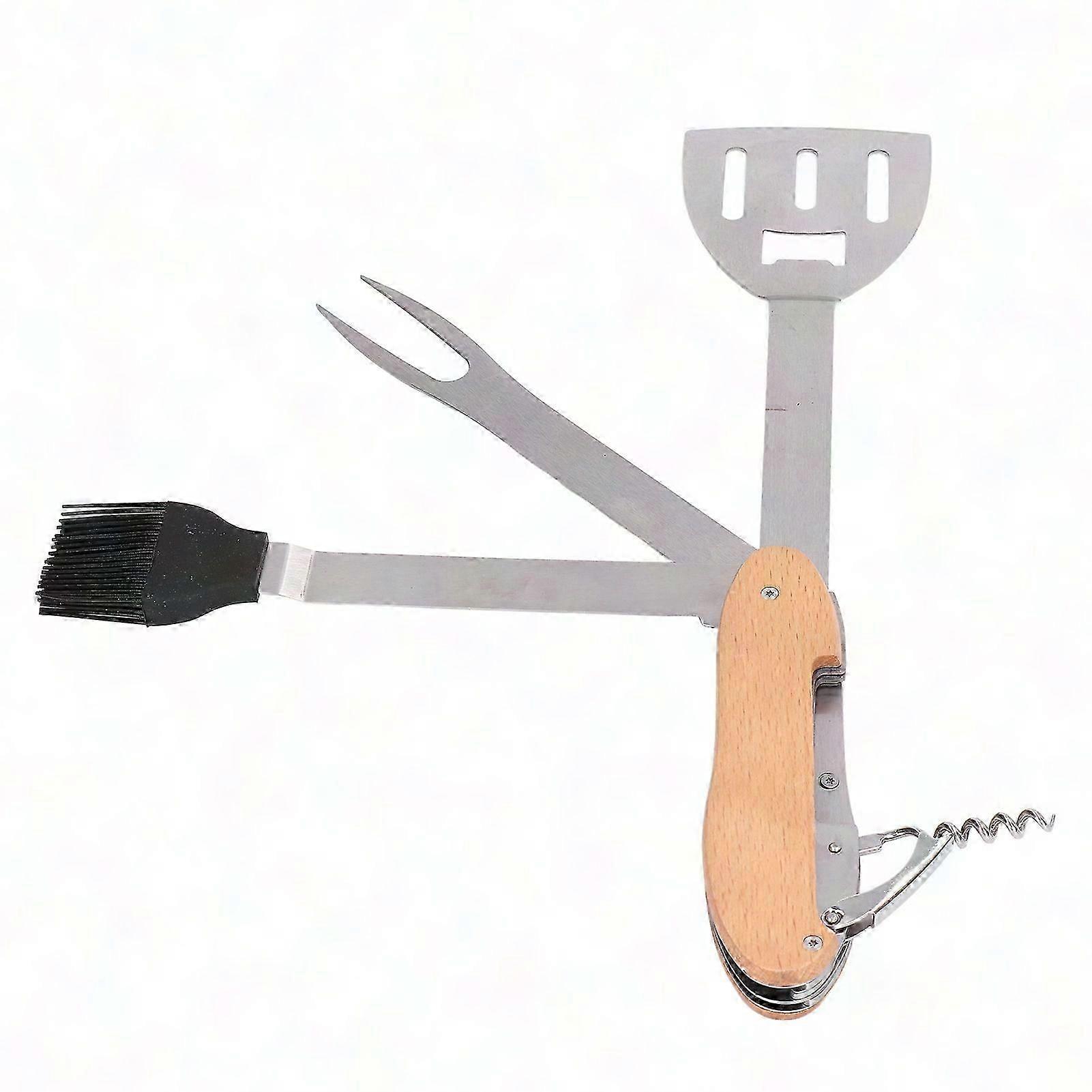 5-in-1 Portable Stainless Steel BBQ Grill Tool Set with Spatula, Brush, Fork & Bottle Opener - Foldable & Durable