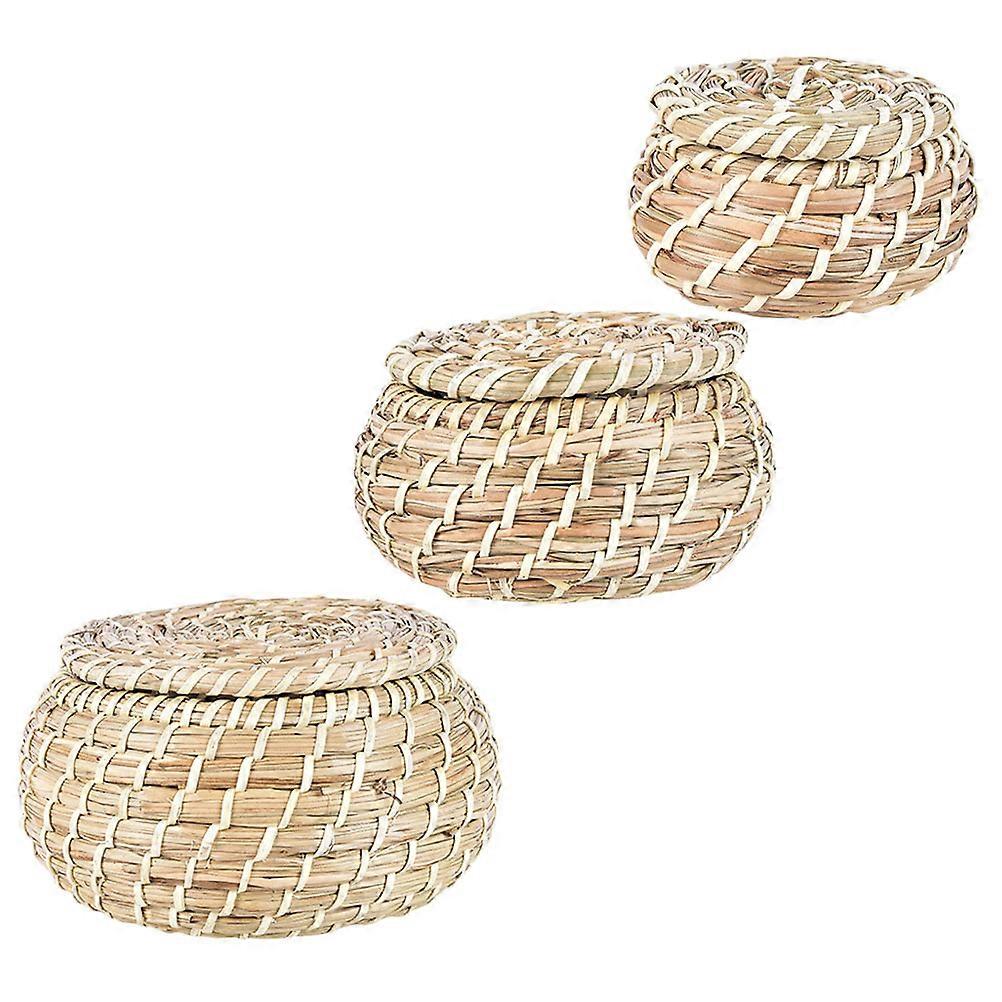 Creative Straw Woven Storage Basket with Cover for Home 3Pcs Set