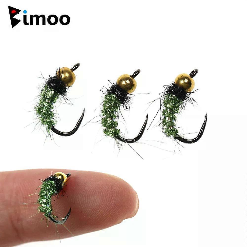 Bimoo 12 6PCS Messing Perlenkopf Caddis Nymphen Fliege Grün Eis Dubbing Körper Flashabou Rippe Barbless Fliegenhaken Forelle Angeln Köder Köder