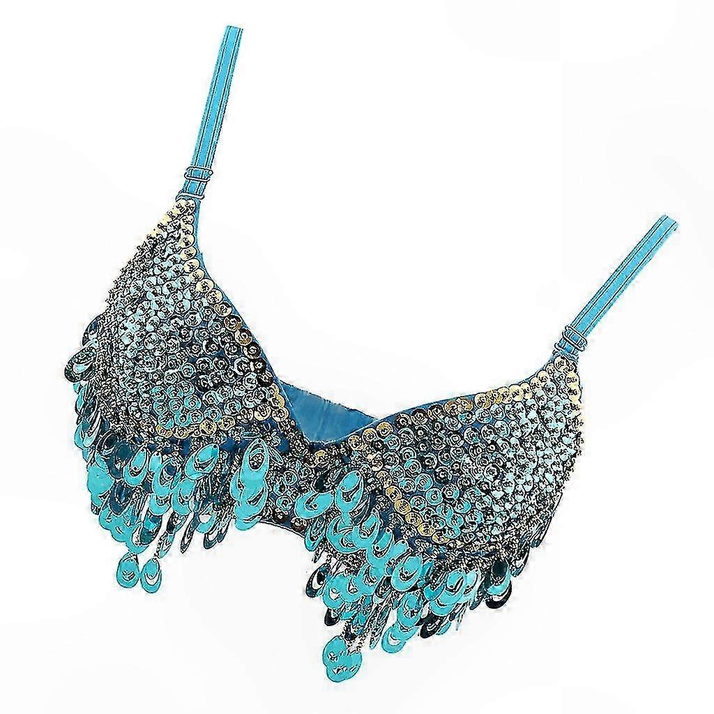 Blue Beaded Bra with Sequins and Tassels for Dance Performances and Costumes