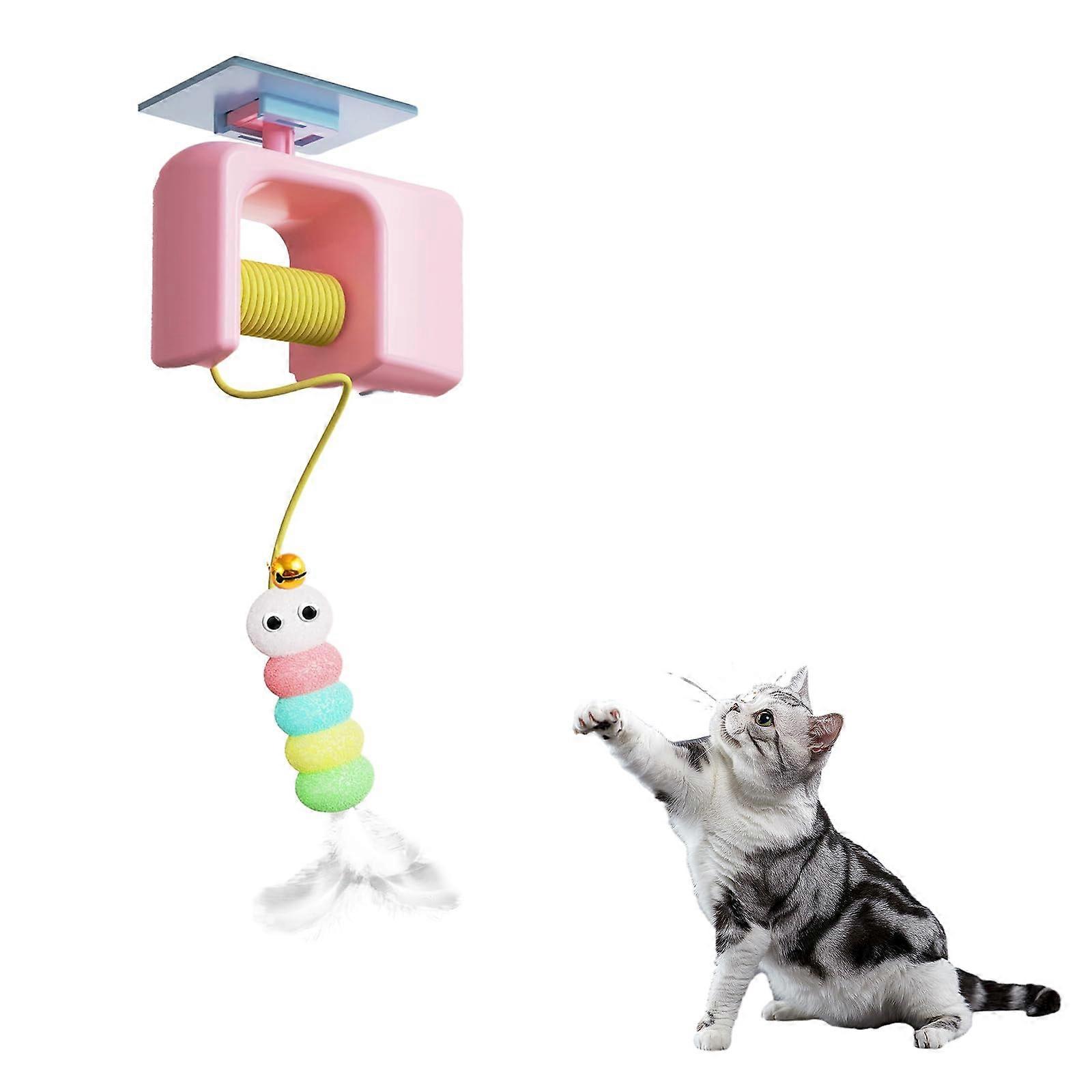 Door Hanging Cat Toy Adjustable Elastic Cord Feather Teaser Interactive Enrichment for Indoor Kittens Pink