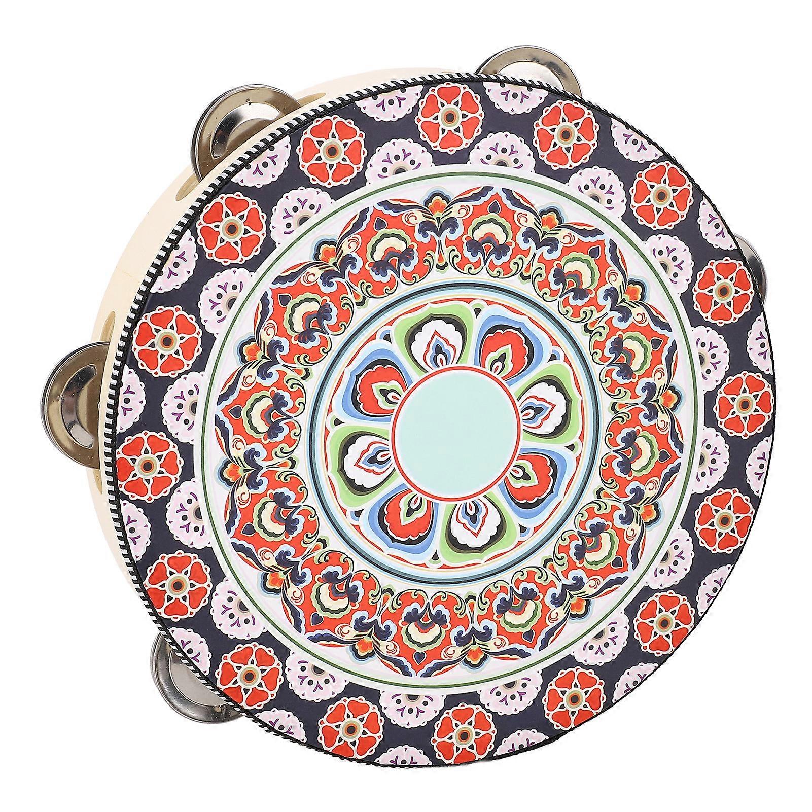 Pandeiro de madeira portátil de 8 polegadas, instrumento de jingles com flores vermelhas