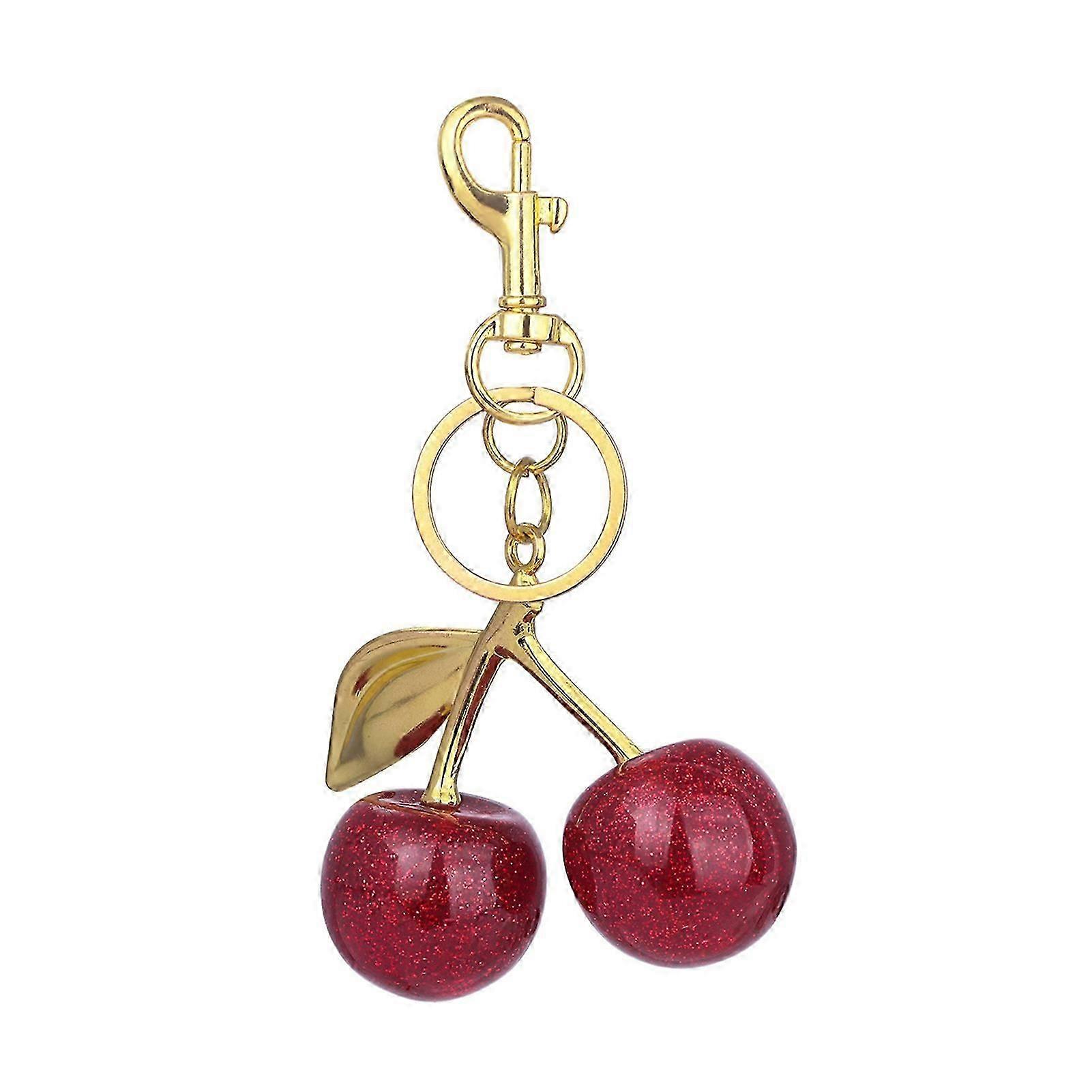 Keychain Bag Charm with Golden Shimmering Resin Cherries Hypoallergenic Steel Key Pendant Bag Wallet Accessory