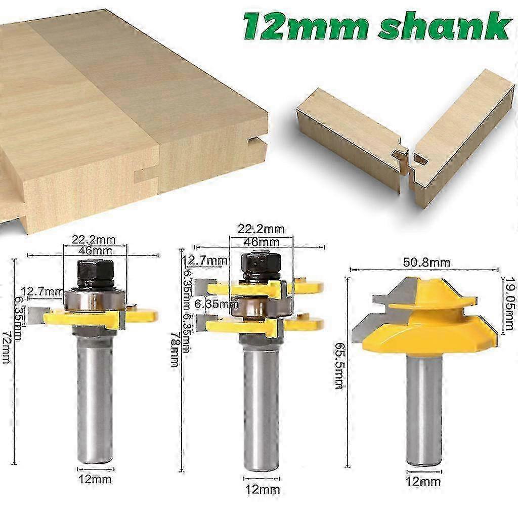 3pcs/set 12mm 1/2" Shank Tongue and Groove Router Bit Tool 45 Lock Miter Wood