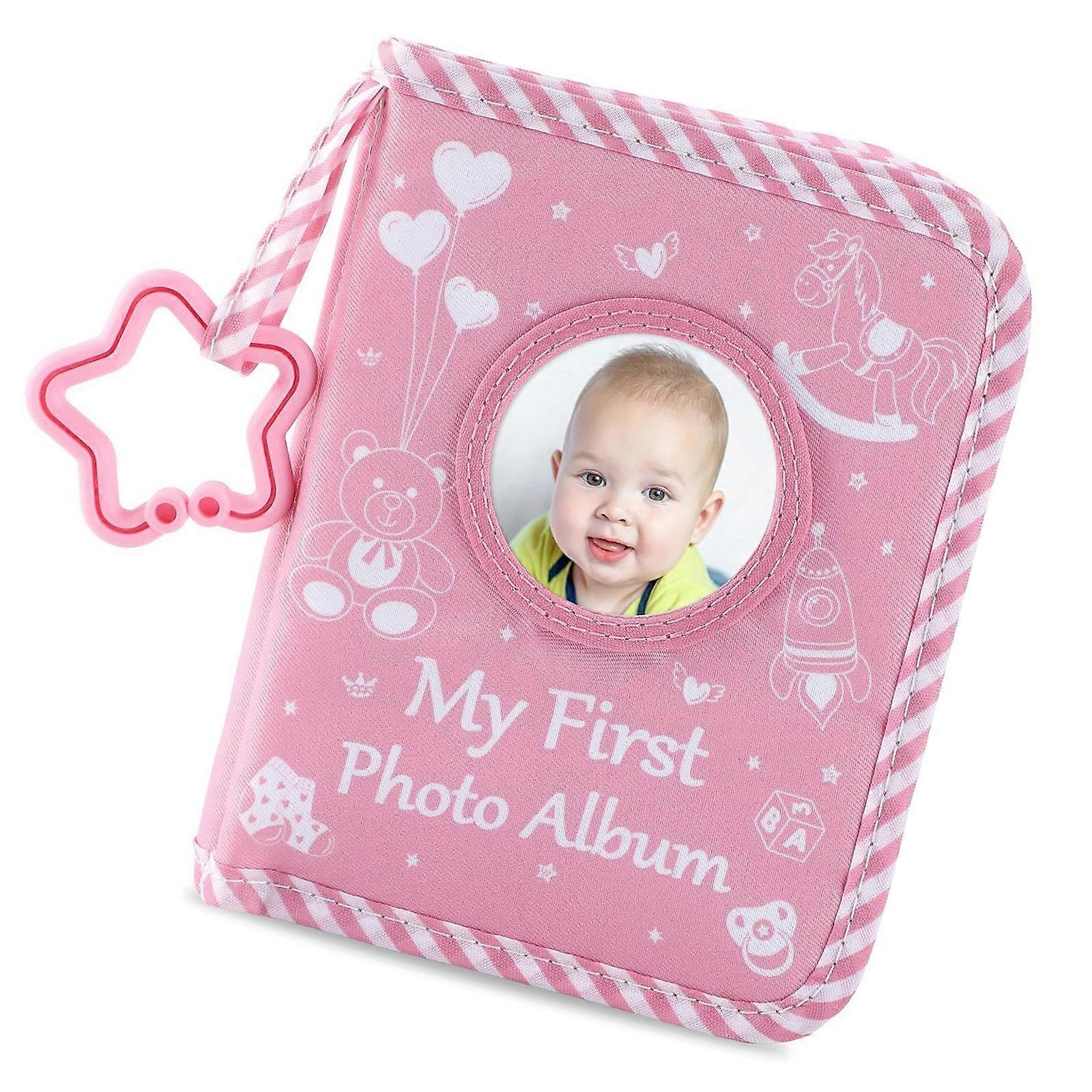 Pink Bear Pattern Baby Keepsakes First Family Photo Album Picture Book with Clear Sleeves and Teether Rings for Easy Use Multicolor