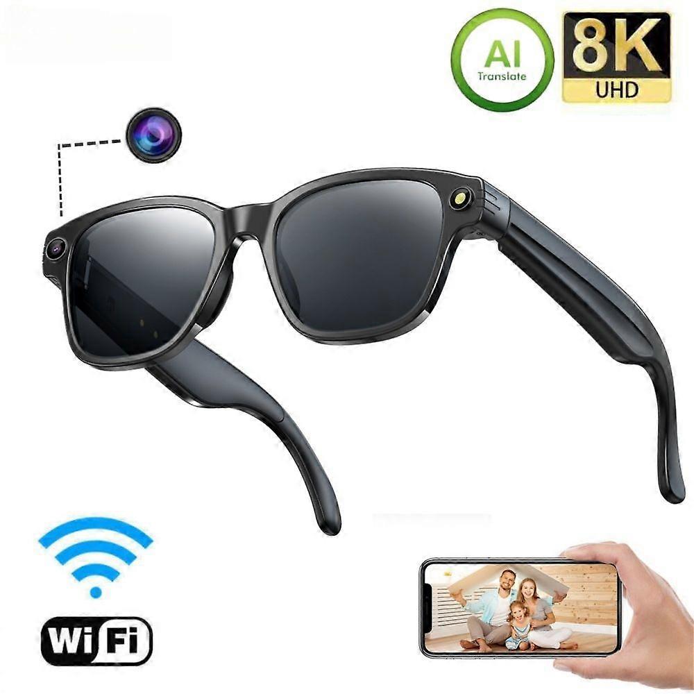 Smart glasses with an 8MP camera, AI chat translation, photo recognition, and Bluetooth calling