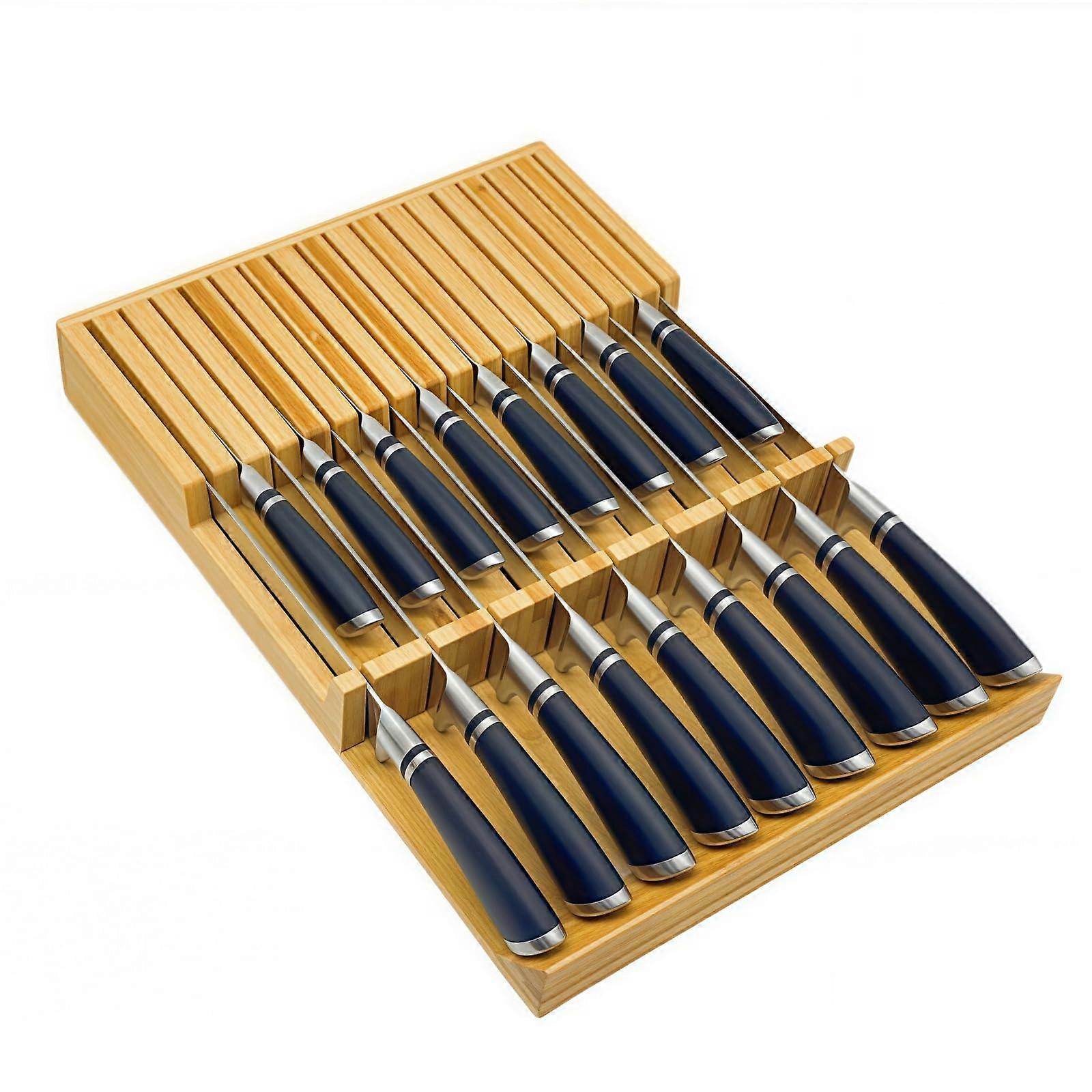 Bamboo Knife Drawer Organizer 17Slot Kitchen Knife Block with AntiSlip SpaceSaving Design
