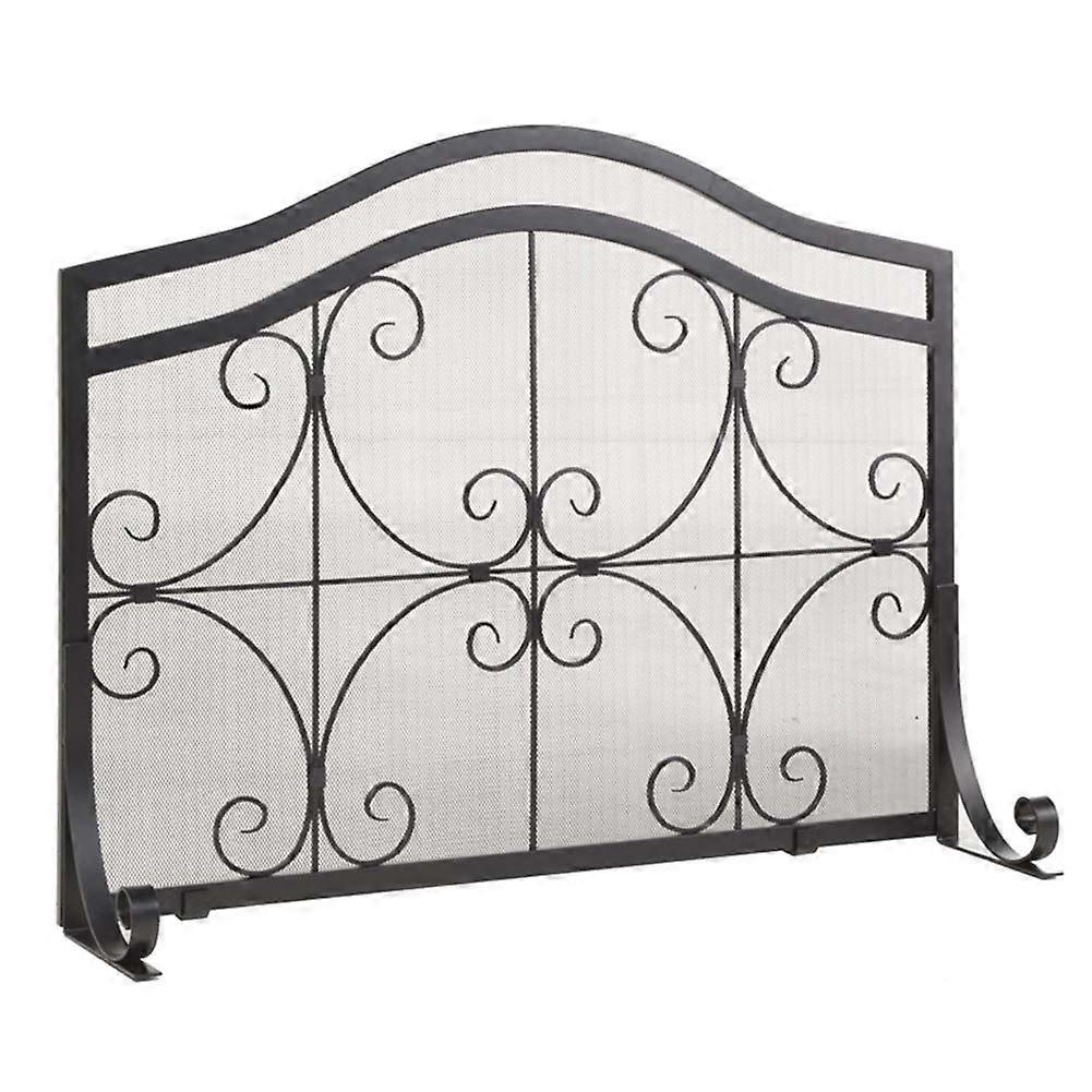 Black Wrought Iron Fireplace Screen with Safety Mesh, Spark Guard Protection, Rustic Decorative Design