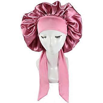 Zijden muts, natuurlijk krullend haar, satijnen slaapmuts, donkerroze