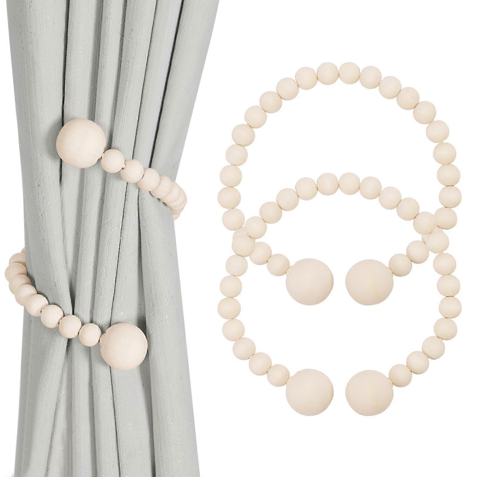 Wood Bead Curtain Tiebacks 2 Pack, Boho No Drill Holdbacks for Thick and Thin Window Drapes