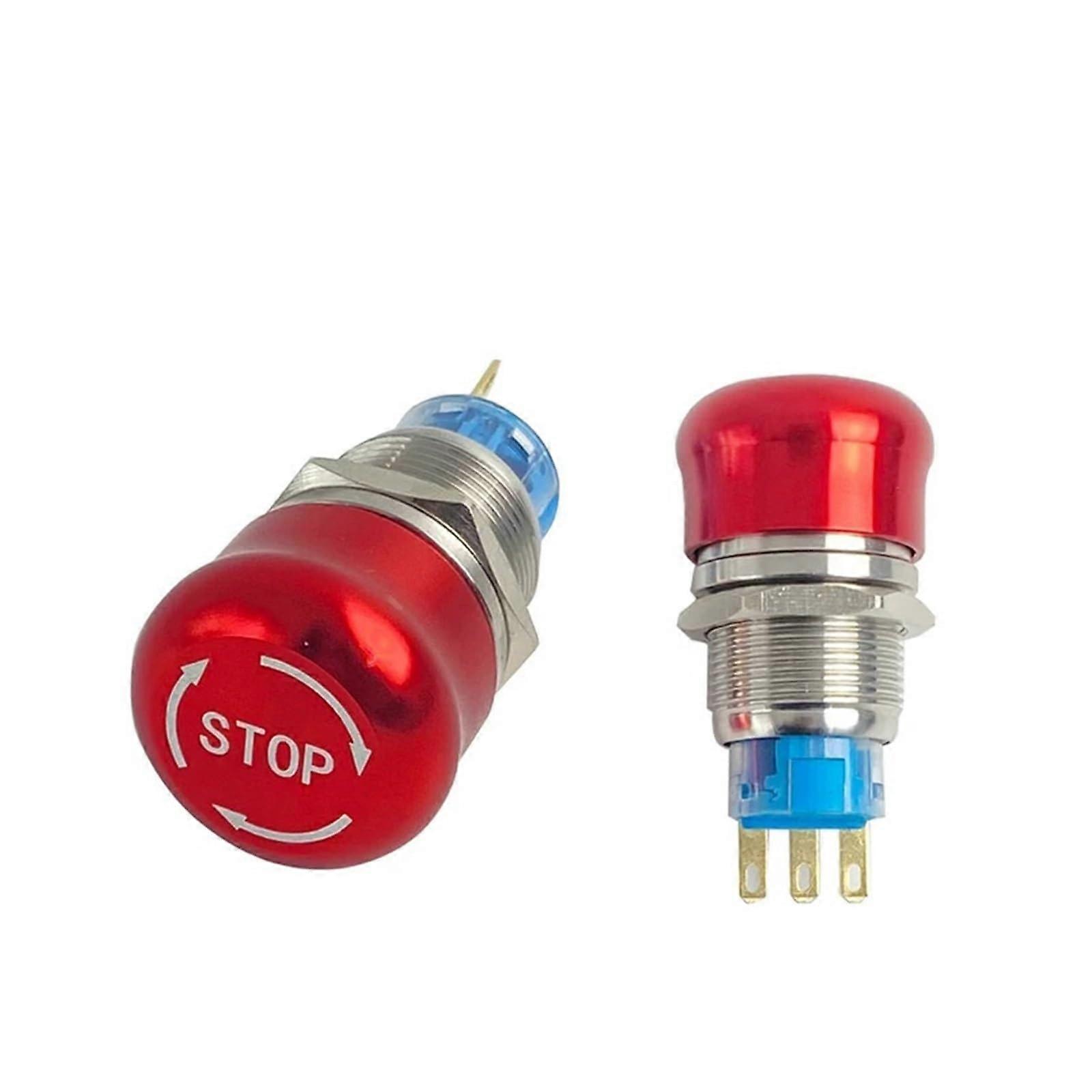 19mm Metal Emergency Stop Push Button Switch Red Mushroom Head Rotary Lock Safety 3 Pins 1NO1NC