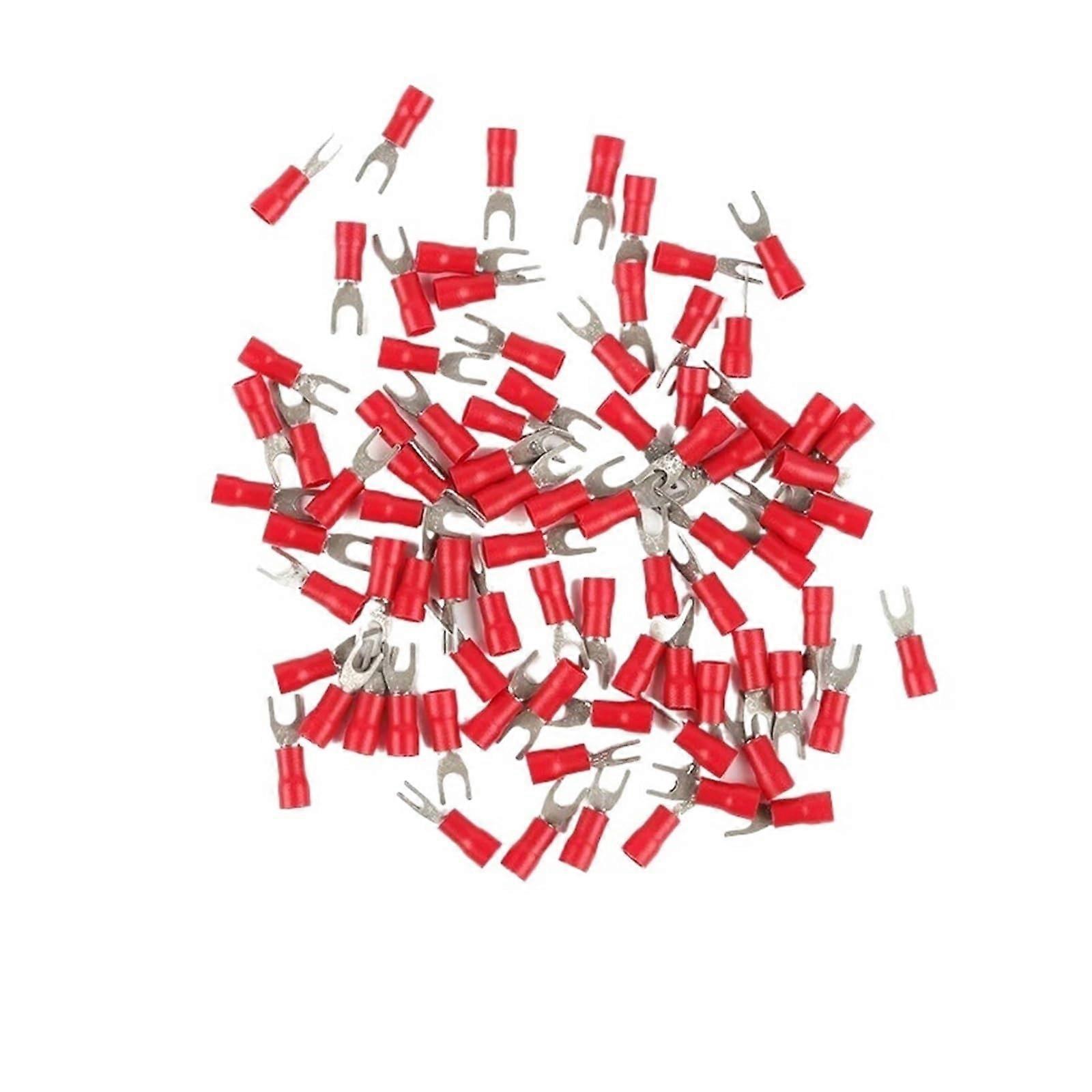 Electrical Crimp Connectors 100 Pack, Multicolor Fork Spade Terminals with Red 2-4S Size for Wire Connections