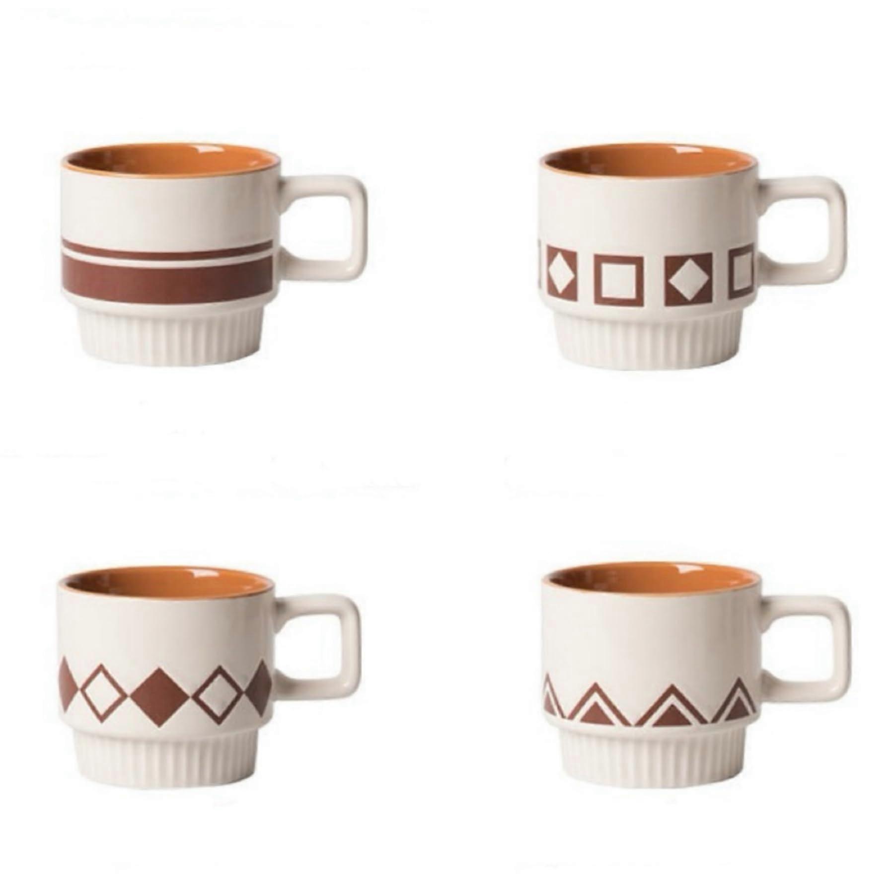 Ceramic Coffee Mugs Set of 4, 11oz Stackable Latte Cups with Geometric Pattern, Dishwasher Safe