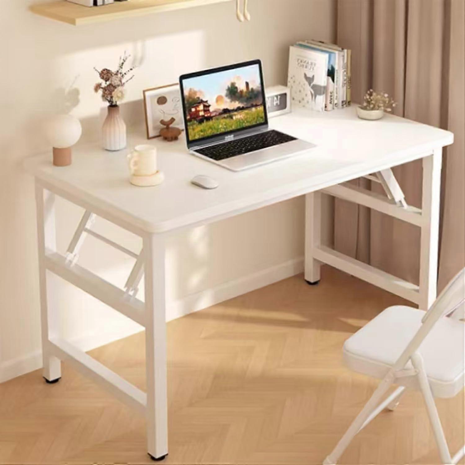 39.4 Inch Folding Desk for Small Spaces No Assembly White Table with Stable NonSlip Legs