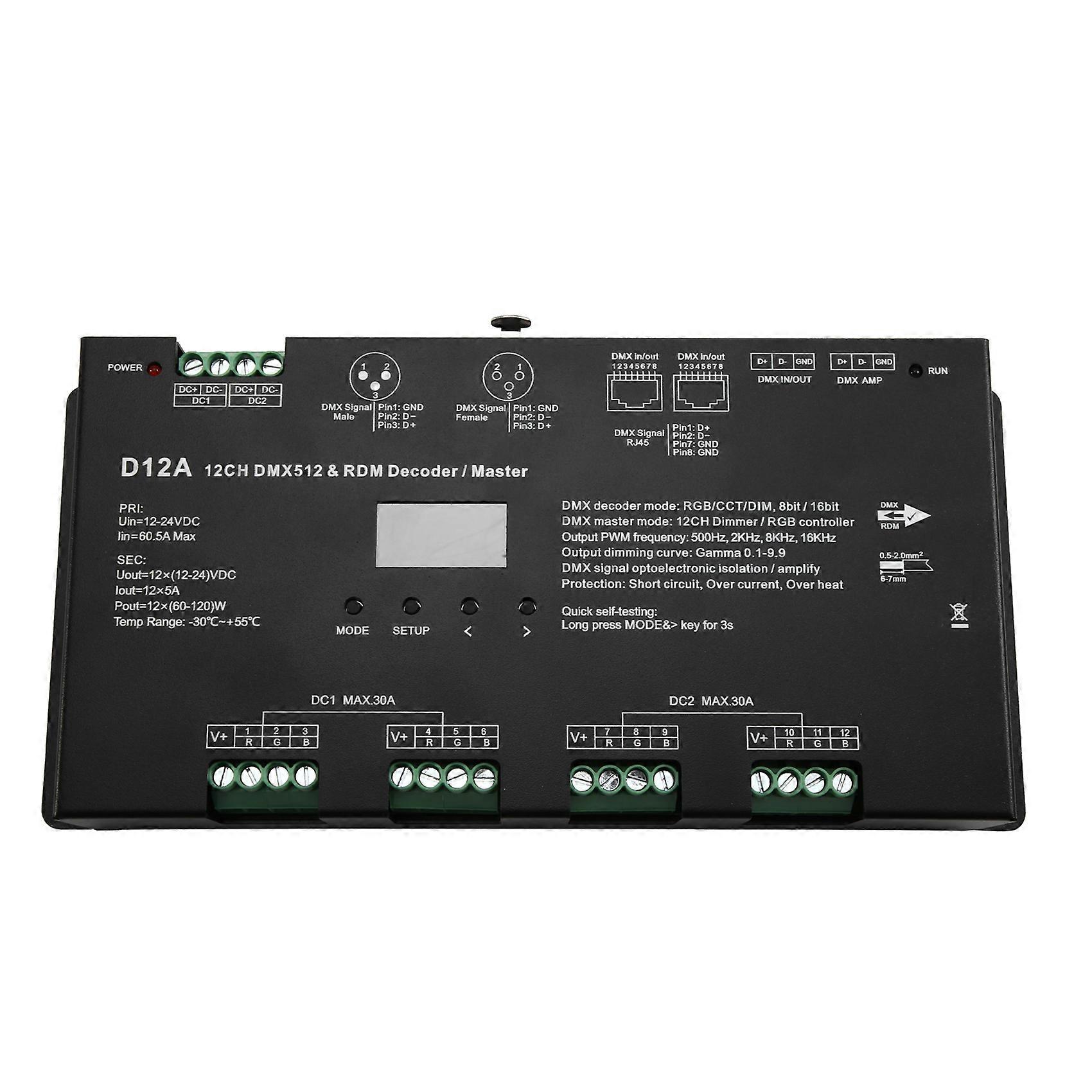 12CHx5A 12-24VDC CV OLED DMX512 Decoder D12A 4 PWM Frequency for RDM DMX Master DIM/CCT/RGB Decoding Mode Selectable