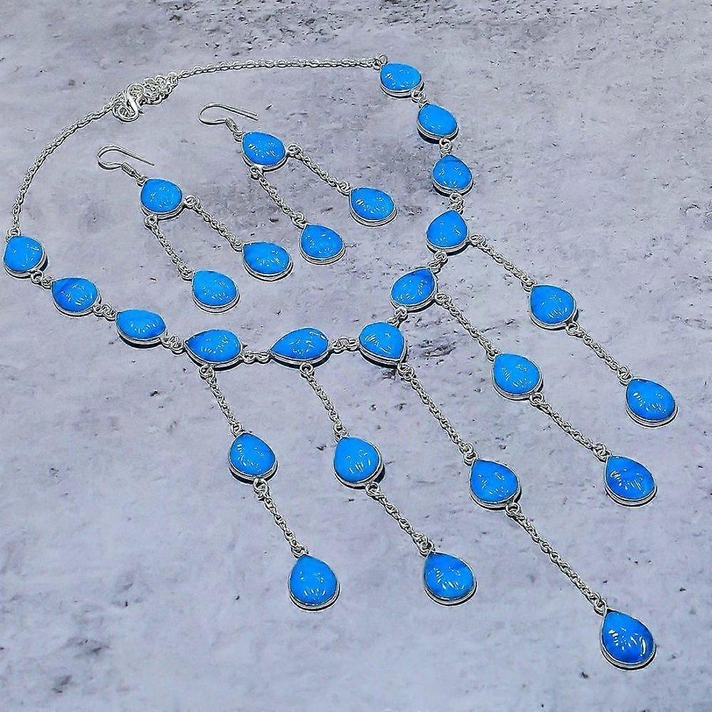 Natural Aqua Chalcedony Gemstone Handmade 925 Sterling Silver Gift Set E8q76