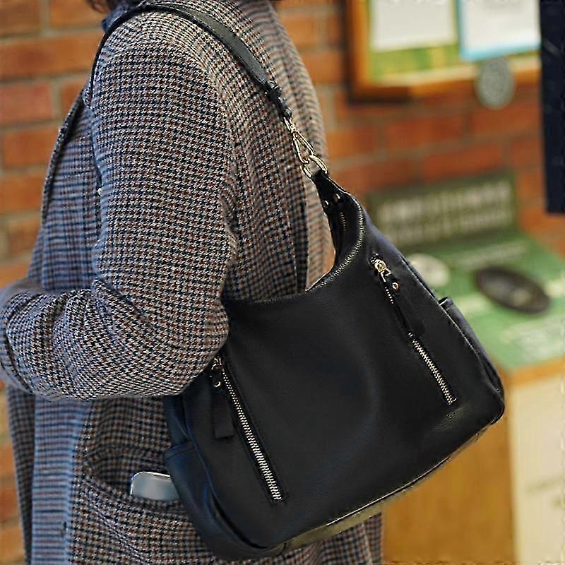 Women's  Leather Shoulder Tote Handbag with Multiple Pockets and Secure Zipper Closure
