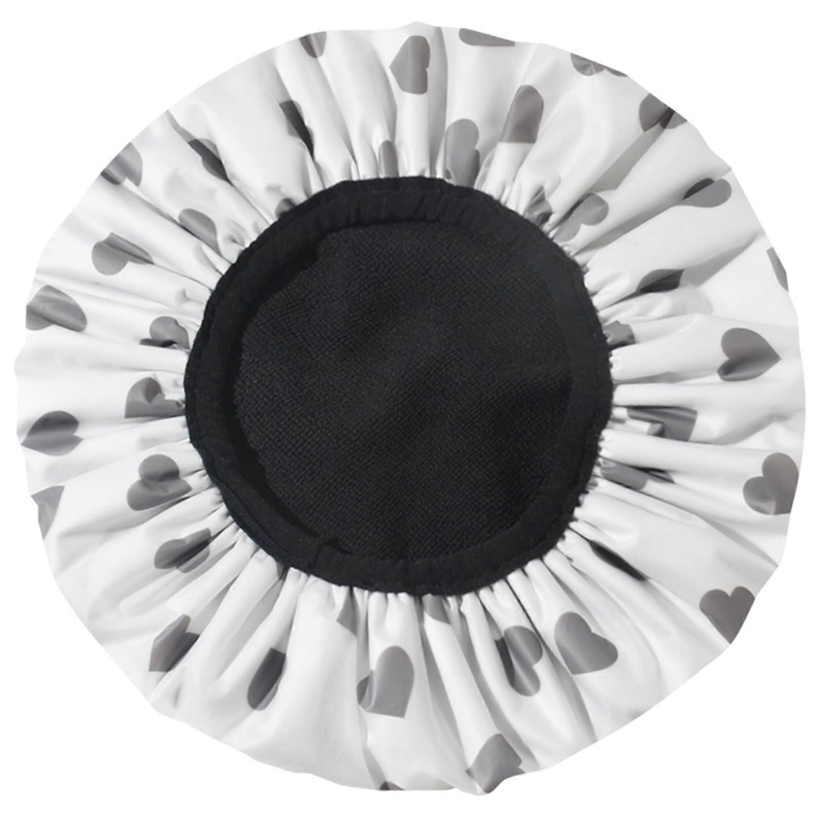 Extra Large Triple Layer Waterproof Shower Cap for Women with Terry Lining, Adjustable Gray Hearts