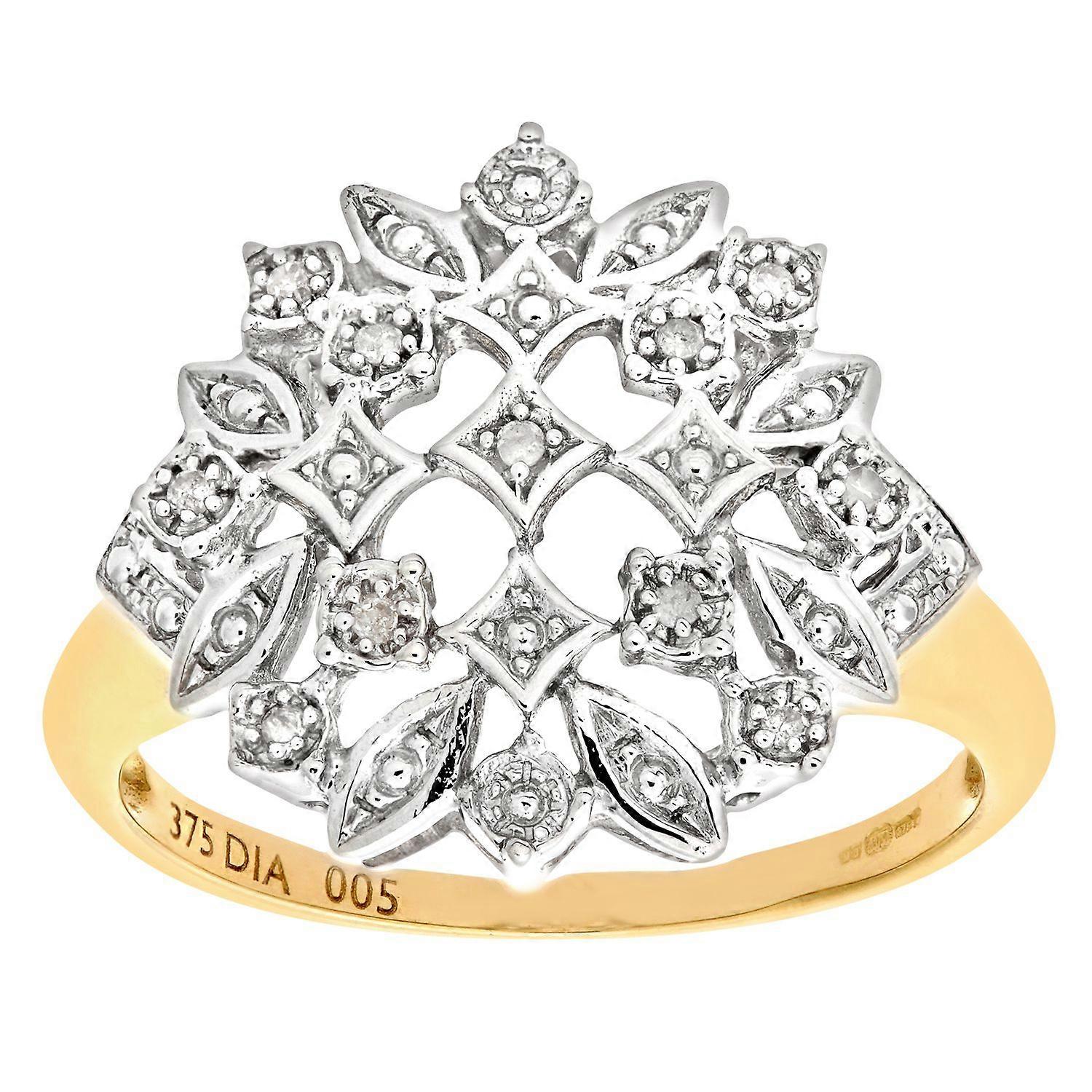 Jewelco London 9ct Yellow Gold Round 5pts Diamond Art Deco Flower Dome Cluster Ring