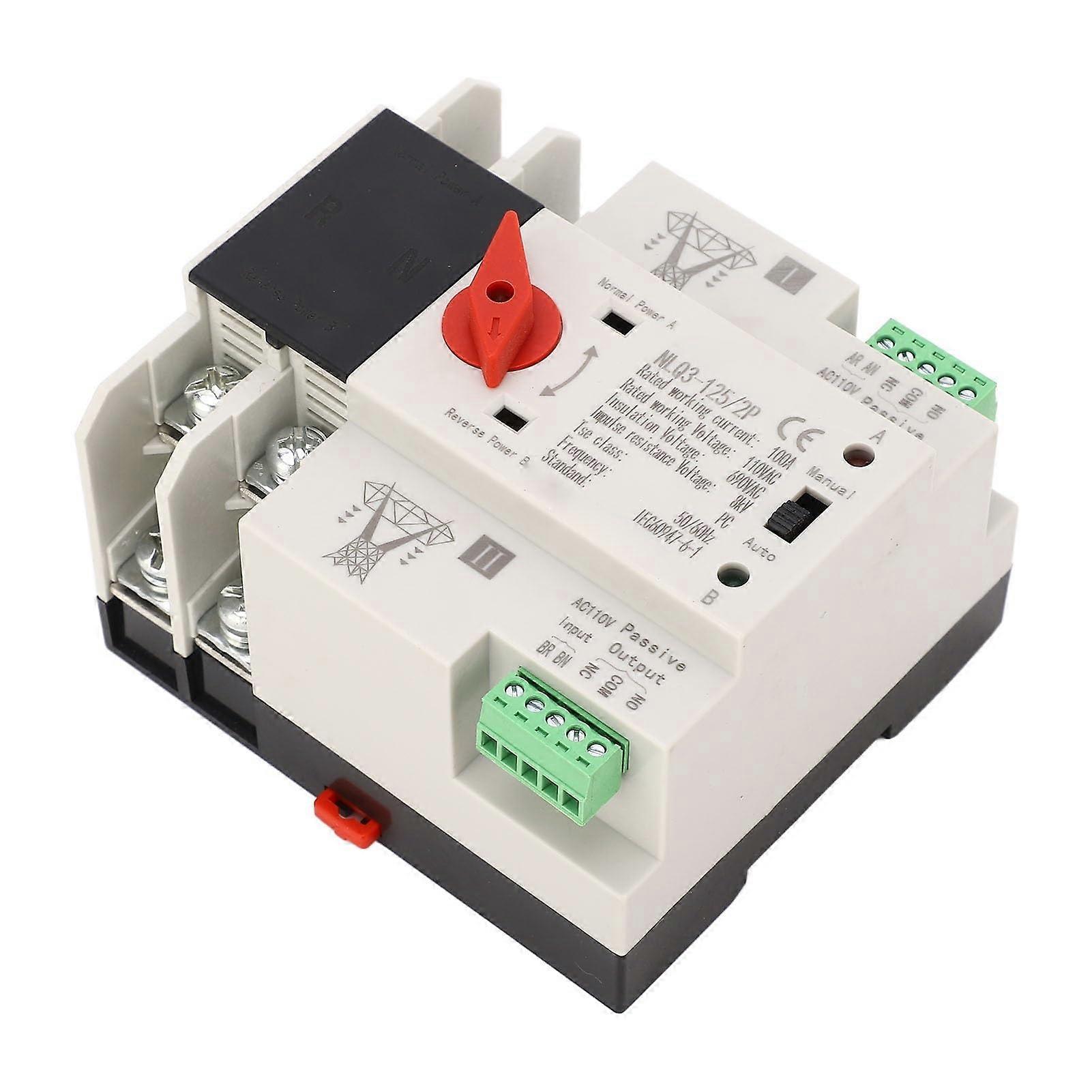 Automatic Transfer Switch 110V 100A 2 Pole Rail Mount for Generators Continuous Power Supply