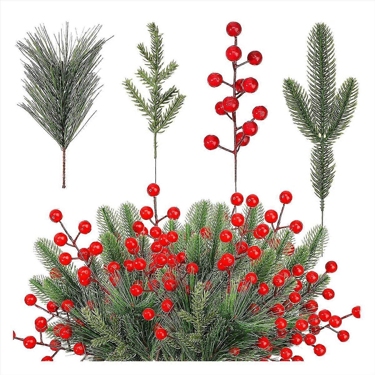 100Pc Artificial Pine Needles Branches and Artificial Red Berry Stems