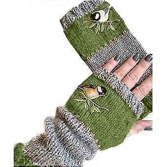 Warm Patchwork Embroidered Gloves,Vintage Knitted Gloves and Bird Embroidery Fingerless Gloves Green Medium