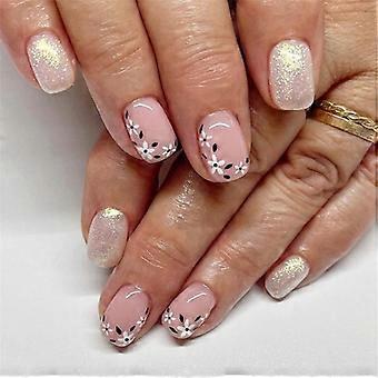 24 Stück Schwarz Weiß Blume Designs Künstlicher Nagel Kurz Quadrat Full Cover Stick On Nagel für einfache DIY Nailart