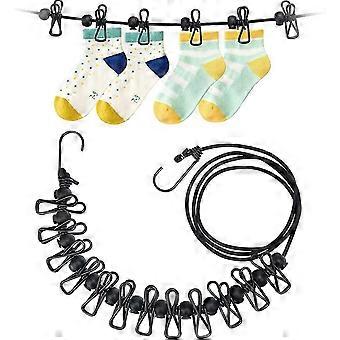 2 Stück Wäscheleine, tragbare elastische verstellbare einziehbare Outdoor-Camping-Wäscheleine mit 12 Clips und Positionierungsschnallen, für Outdoor-Reisen in