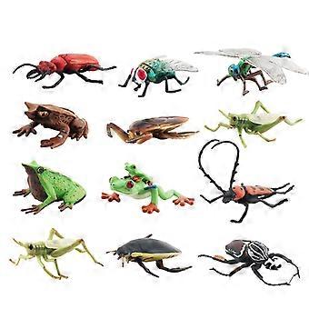 12Pcs Realistic Insect & Frog Figures Set, PVC Animal Models  Includes Dragonfly, Grasshopper, Fly, Beetles, Frogs, and More  Educational Toys for Kid