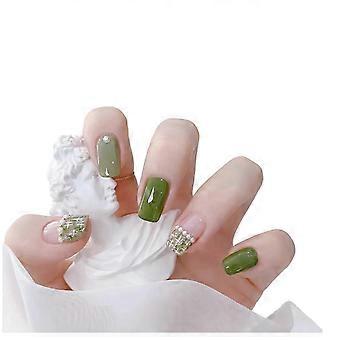 Artificial Nails, Green Reusable Press On, Ultrathin, 24 Pieces With Glue, For Manicure Beginners