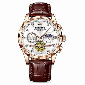 Men's Multifunction Quartz Chronograph Watch BINBOND Brown Leather Strap Rose Gold Case White Dial JY