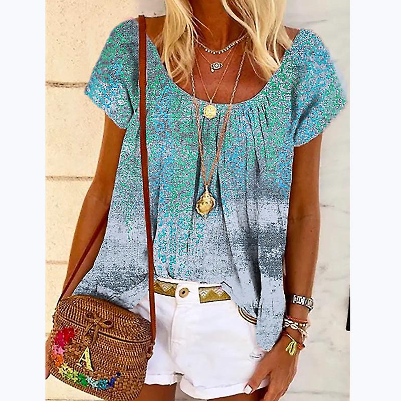 نسائي تي شيرت أبيض وردي أزرق الأزهار الرباط الكولاج قصيرة الأكمام عارضة اليومية بوهو الحسية الخامس الرقبة القياسية الأزهار