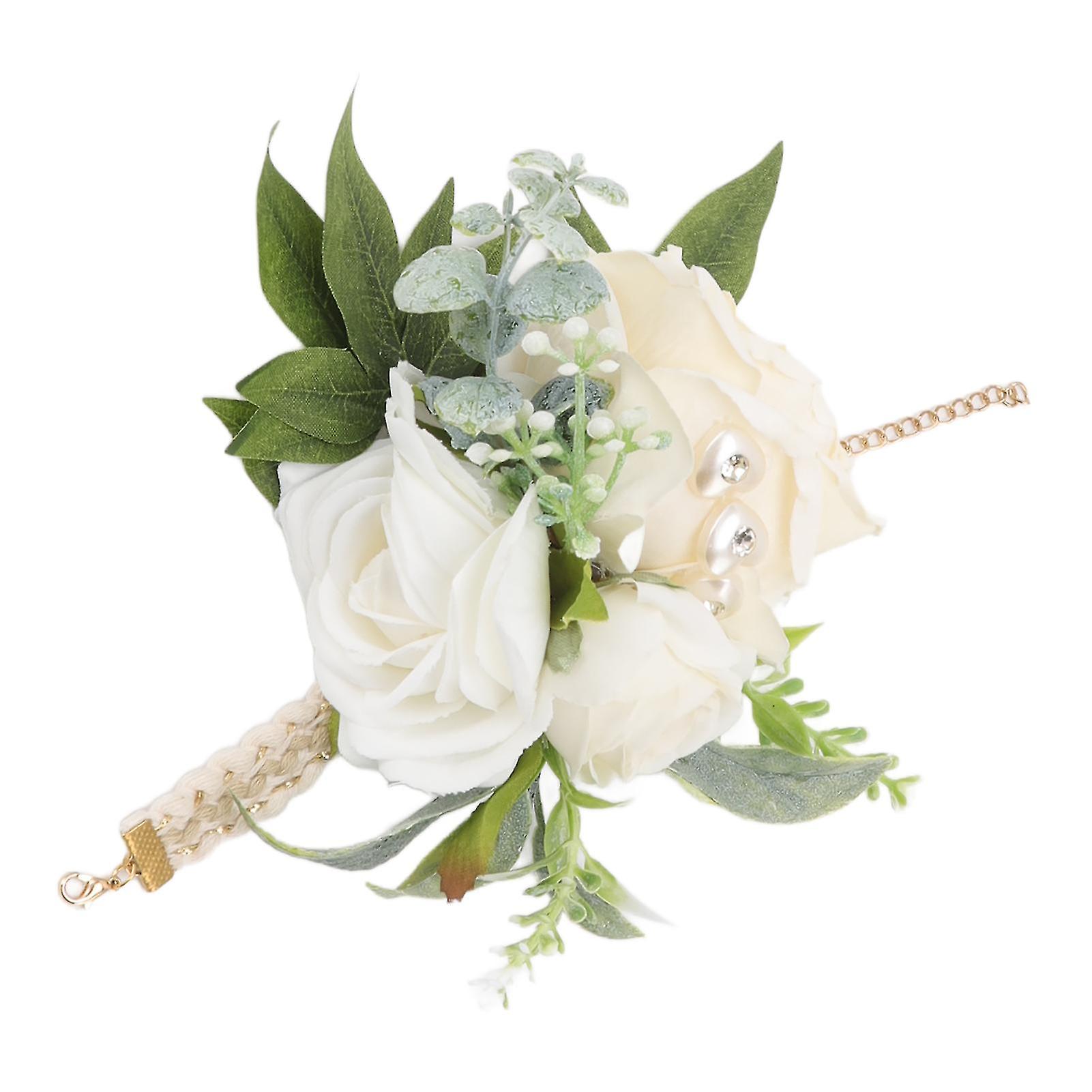 Wrist Corsages for Wedding Bride Wrist Flower Decorative Wedding Supplies White Roses and Green Leaves for Prom Party