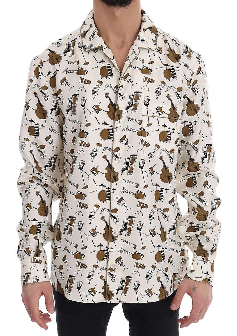 White Silk Jazz Motive Print Shirt