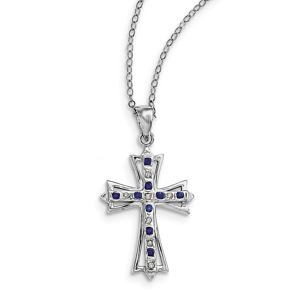 925 Sterling Silver Polished Spring-Ring and Platinum Plated Dia. and Sapphire 18inch Religious Faith Cross Necklace 19m