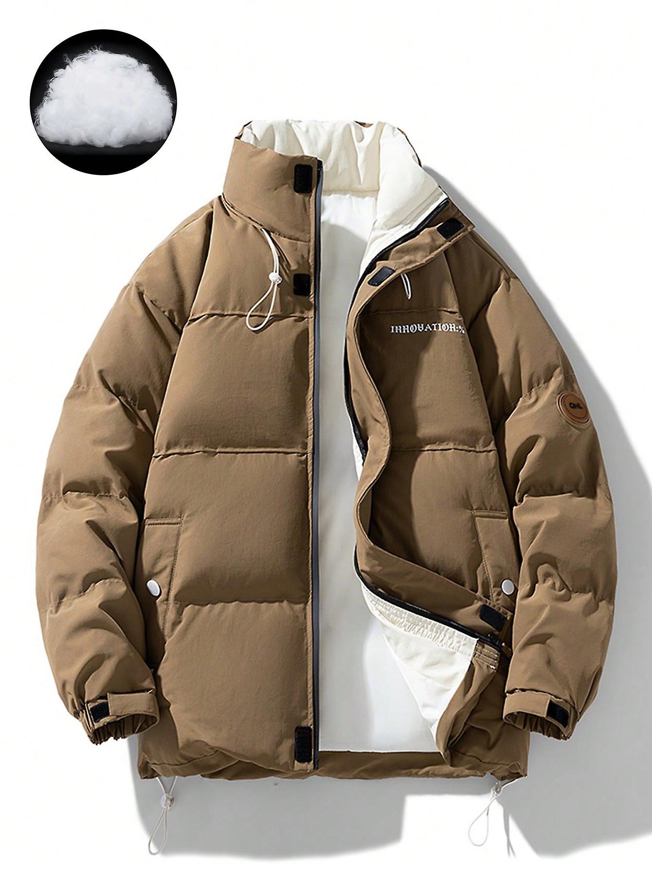 Men Letter Graphic Drawstring Hem Puffer Coat Without Sweater