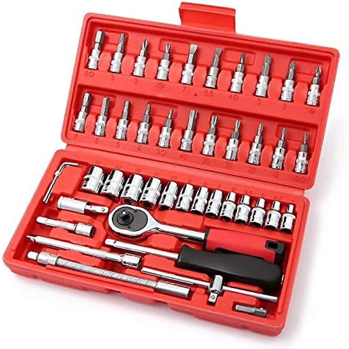 46 Pcs 14  Drive Socket Ratchet Wrench Set with Storage Case  Includes Metric Bit Socket Set and Extension Bar for Auto Repair and Home Maintenance